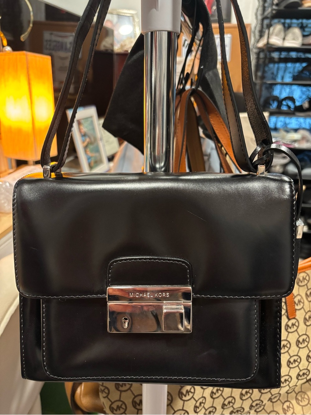 Michael Kors Black Leather Crossbody with Silver-Tone Lock
